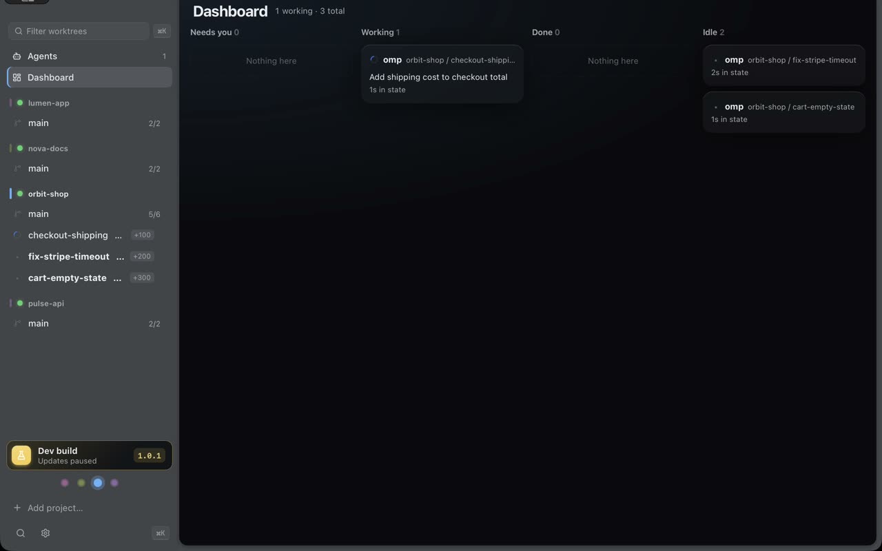 Three agents working in separate worktrees with live status