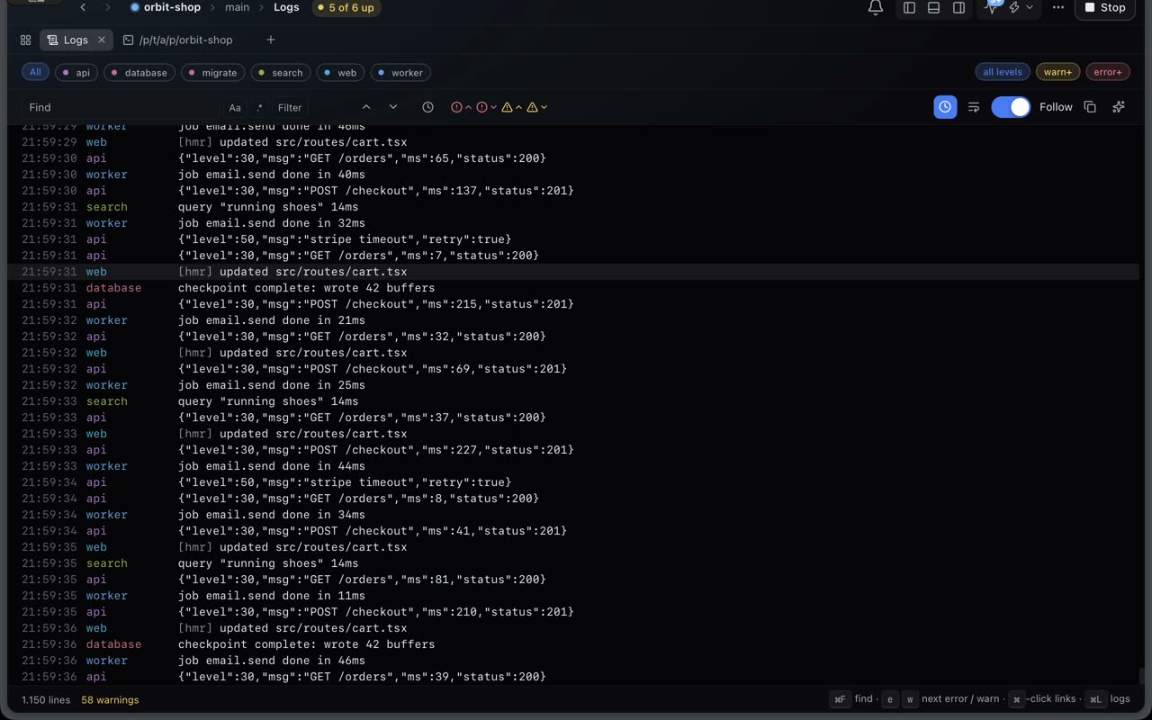 Searching and filtering a busy log stream