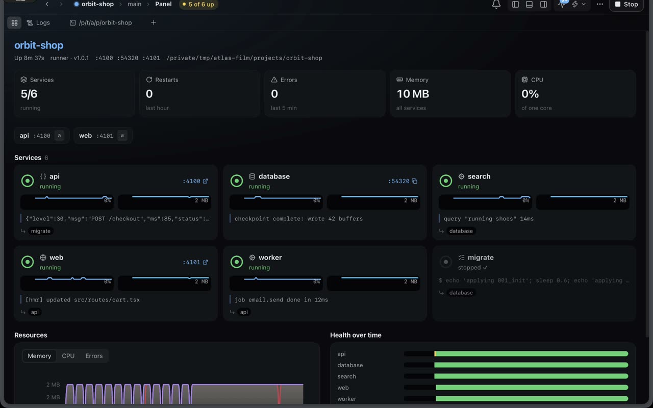 The project panel with service cards and live resource charts