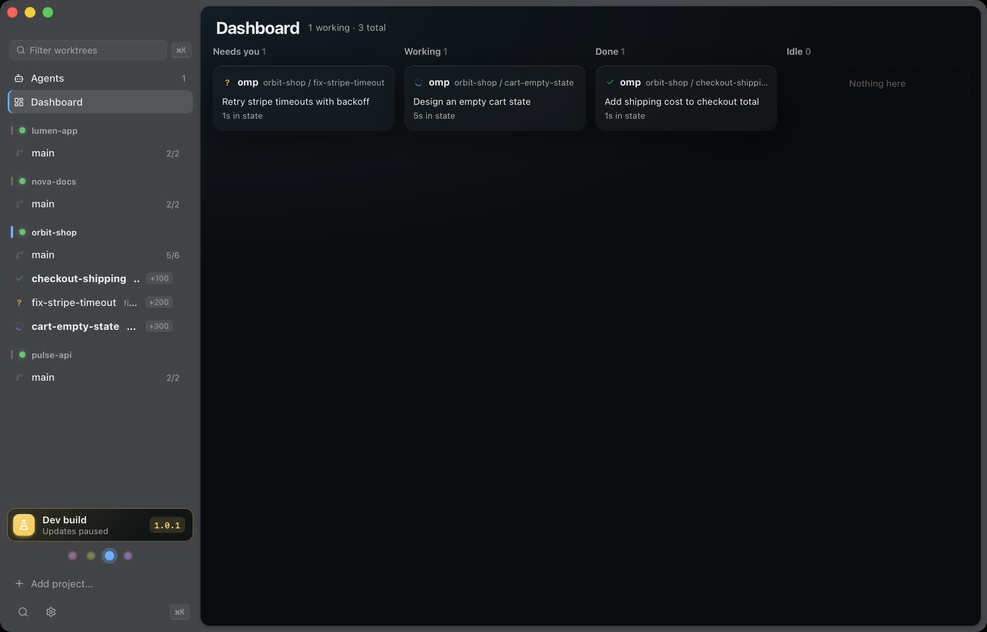 Atlas Desktop agents view with worktrees and live status