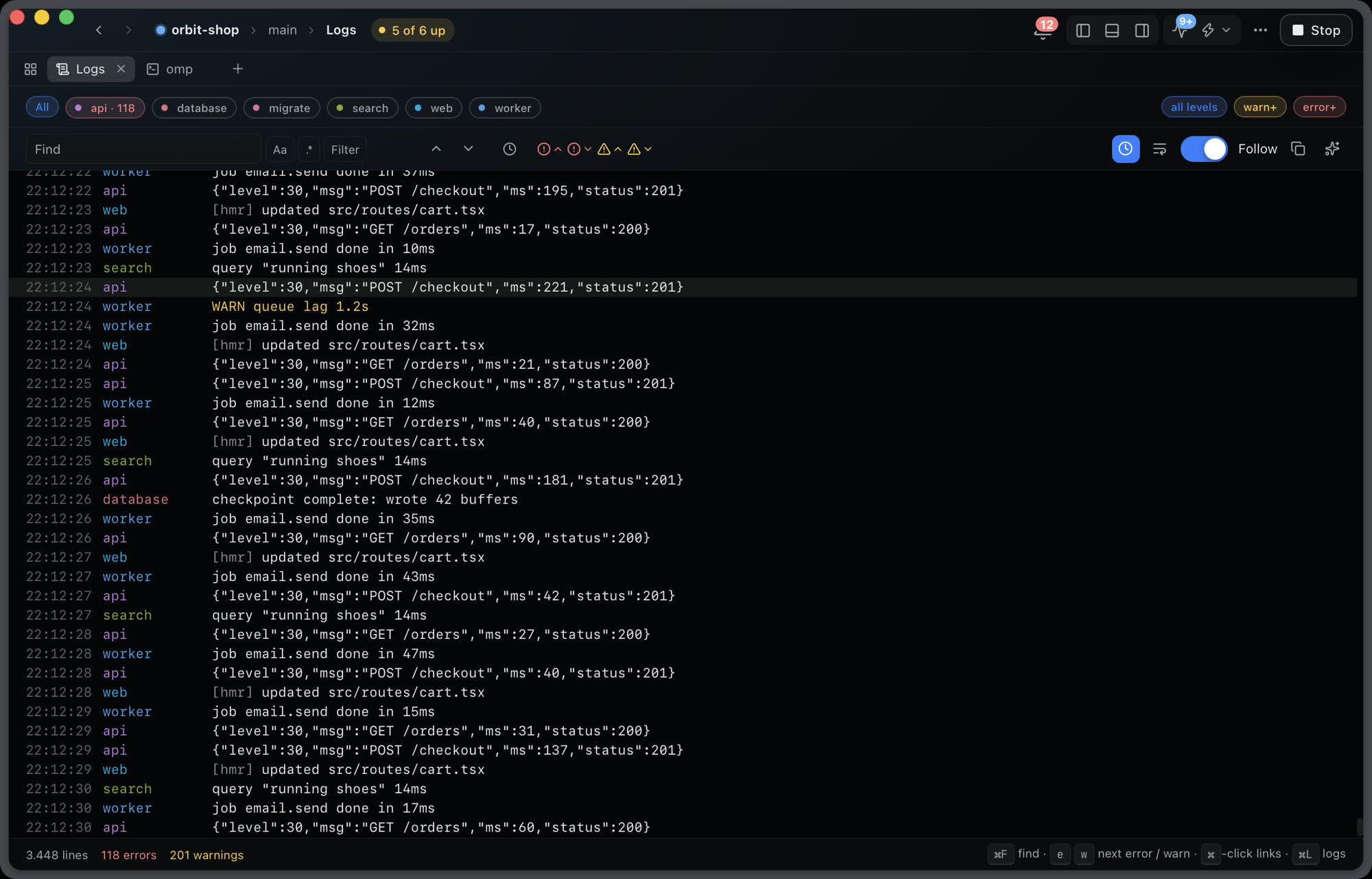 Atlas Desktop log viewer with search and level filter
