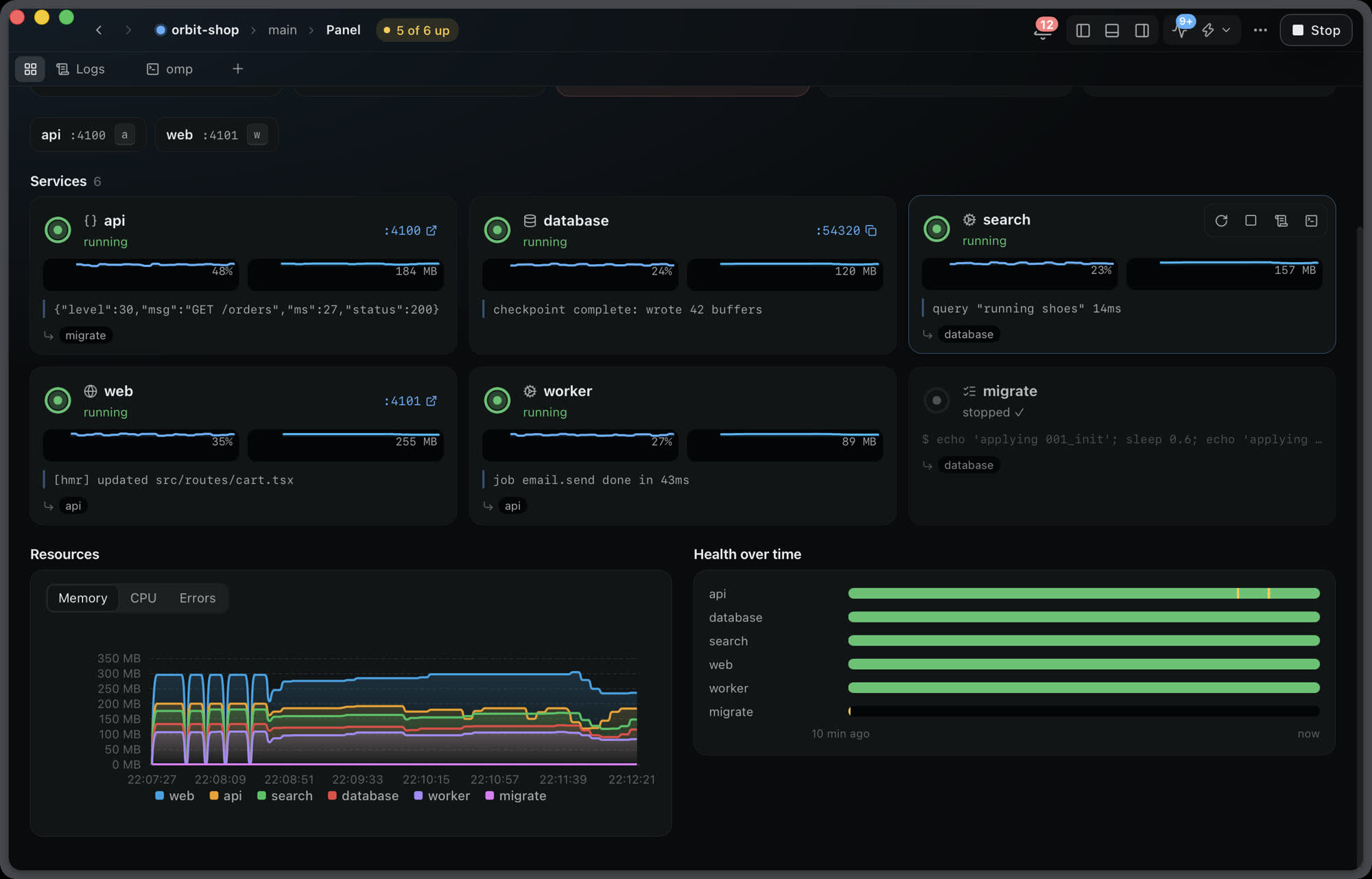 Atlas Desktop project panel with service cards and resource charts